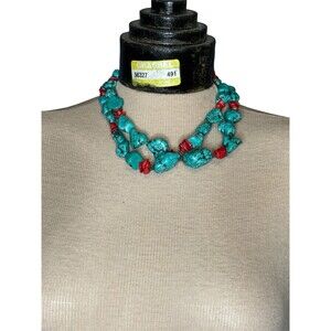 Turquoise & Red Coral 8” Necklace Double‎ Strand Sterling Silver “S” Clasp